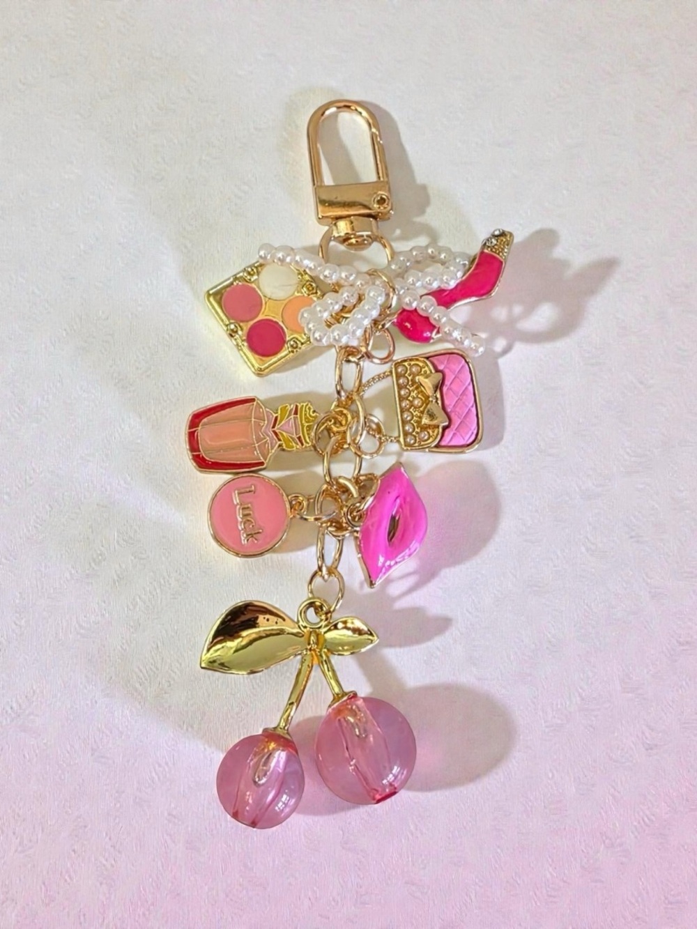 Pink Cherry Charm Keychain with Lip & Makeup Charms
